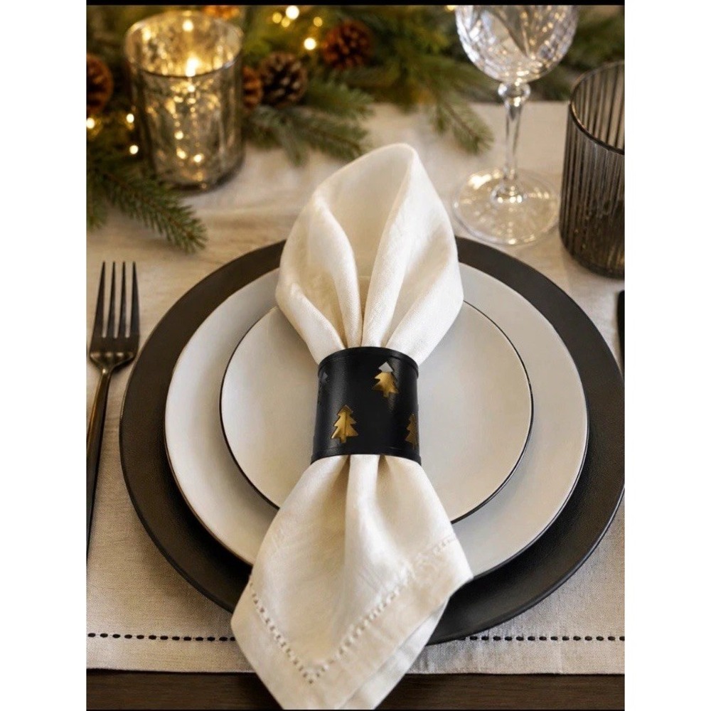 Robert Stanley Home Black Gold Metal Christmas forest Tree Napkin Ring set of 4